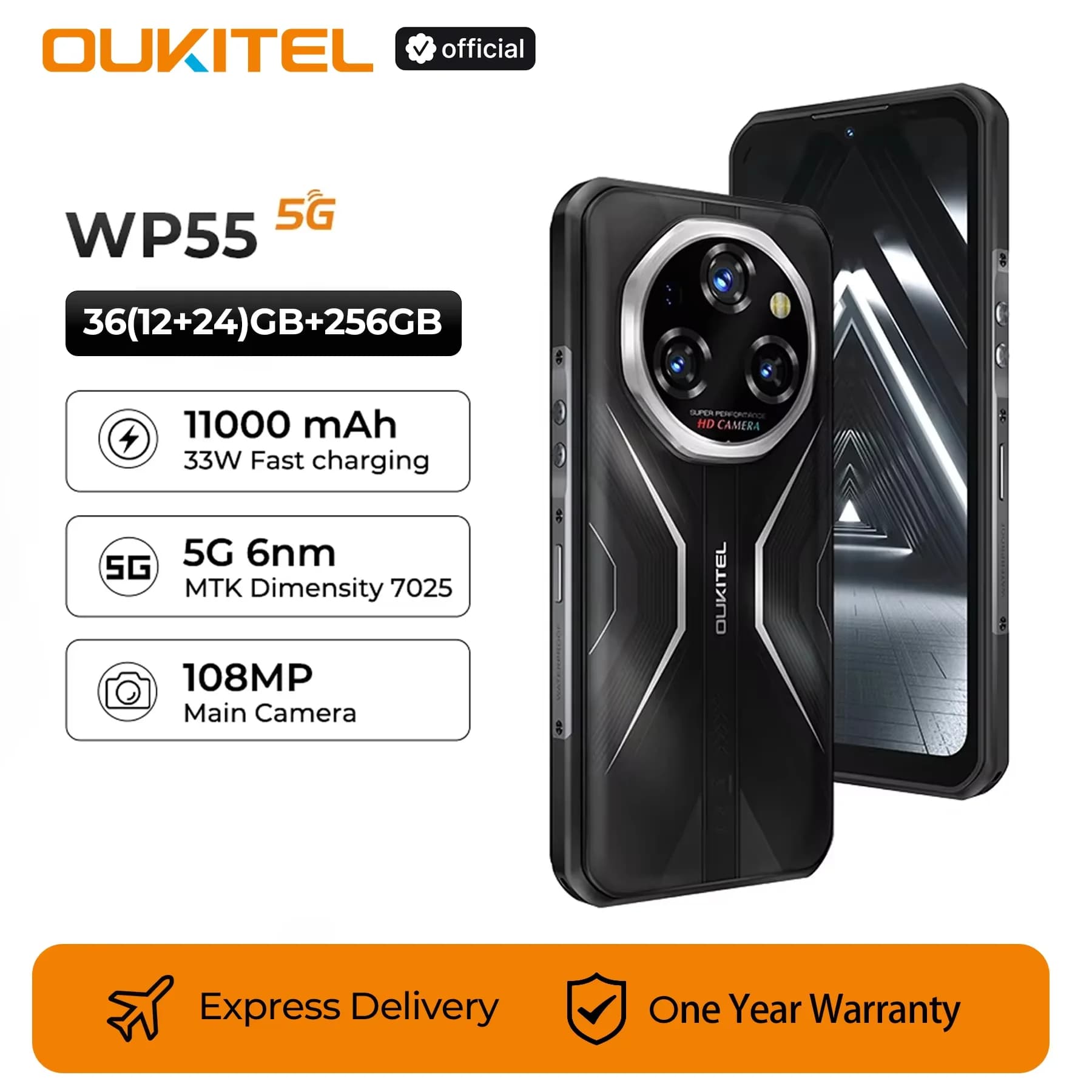 Oukitel WP55 11000mAh 5G Smartphone robusto 36GB (12+24)+256GB Telefono cellulare Android 15, fotocamera da 108MP NFC Telefono cellulare con impronte digitali