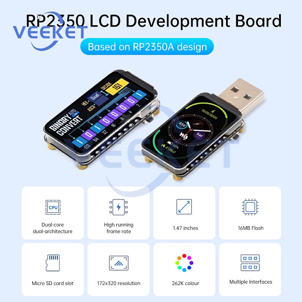 RP2350A 1.47 Inch Integrated LCD Screen Development Card SRAM 16MB Flash for Raspberry Pi Type-A Type-C