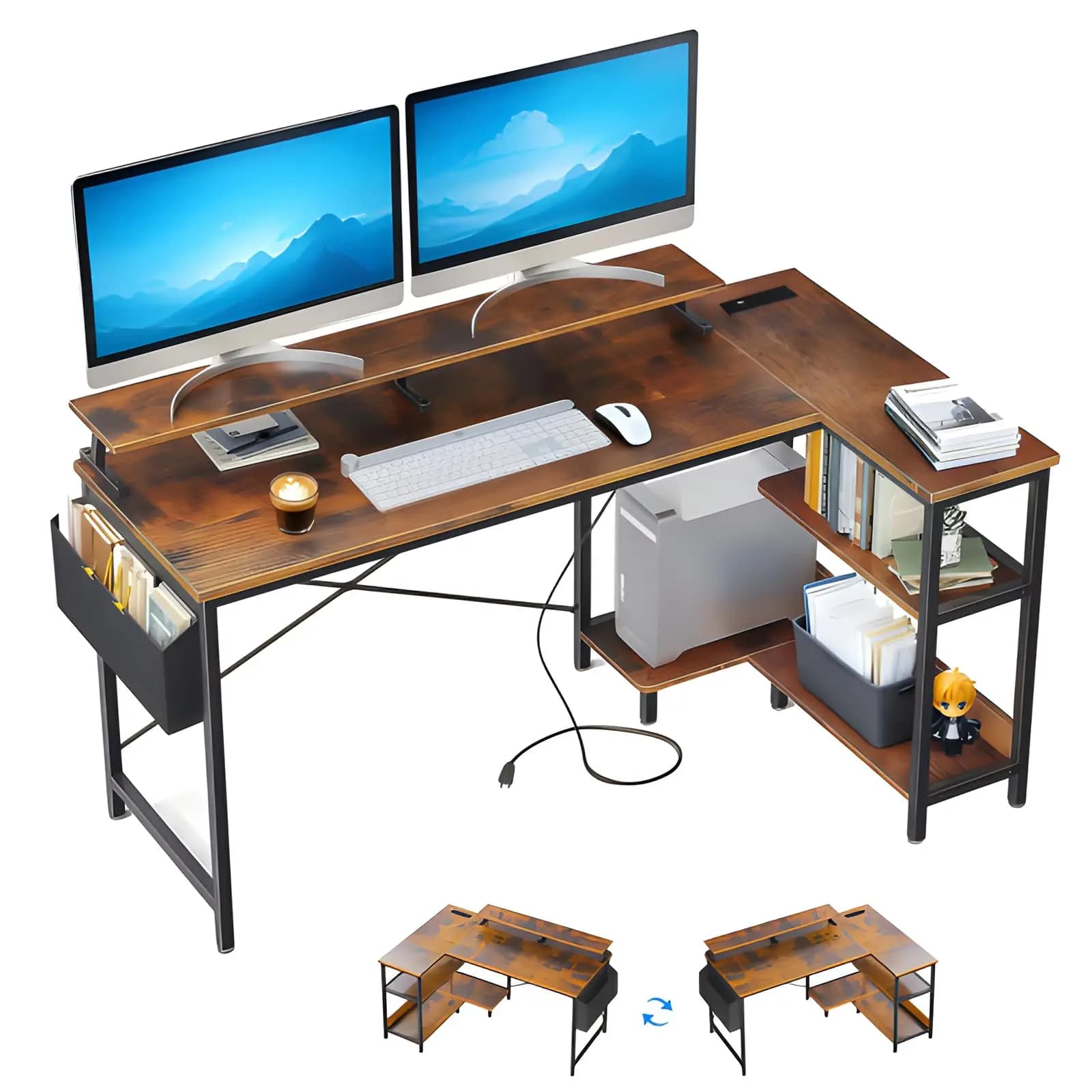 L-shaped gaming desk with power sockets, 47 inch computer corner desk with monitor and shelves support, vintage brown
