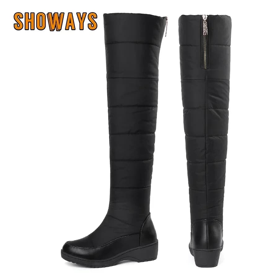 Inverno caldo piumino da donna sopra il ginocchio stivali da neve zeppa piattaforma tacchi punta rotonda casual partito peluche sexy signora cerniera stivali alti alla coscia