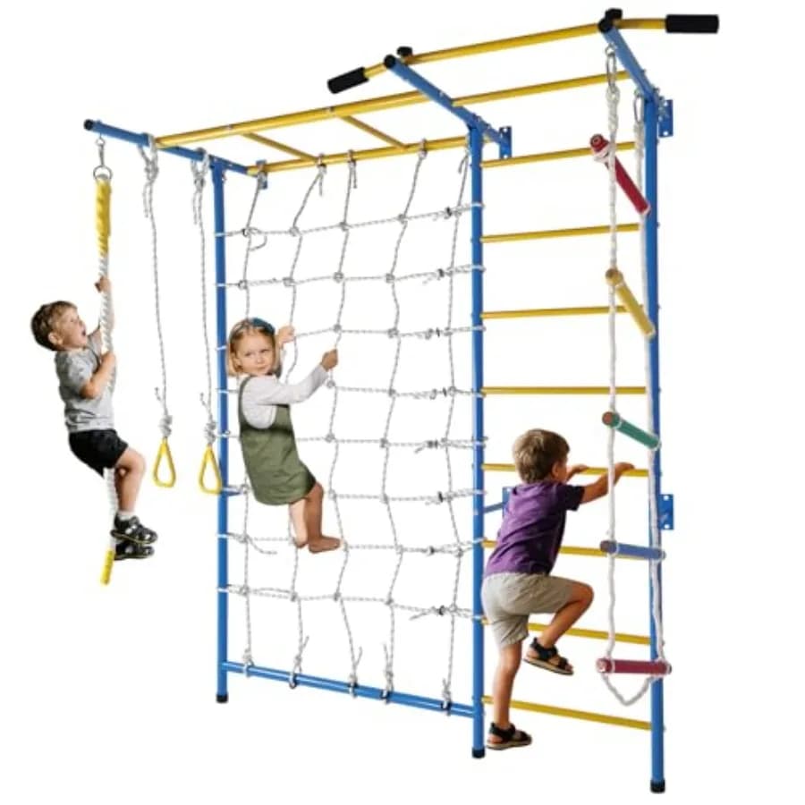 Wall set 7 in 1 in metal with Swedish roller coaster, exercise bar, rope scale, wall traction bar, wall gymnastic rings