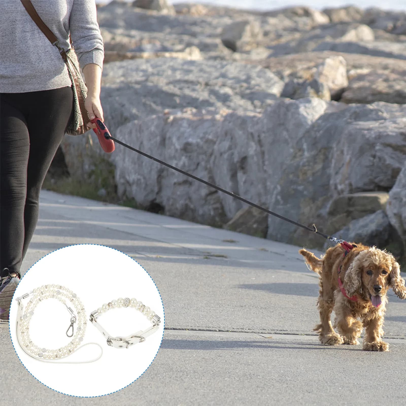 Set di 2 Pezzi: Collare e Guinzaglio per Cani con Perle, Regolabile e Confortevole per Passeggiate e Corsa