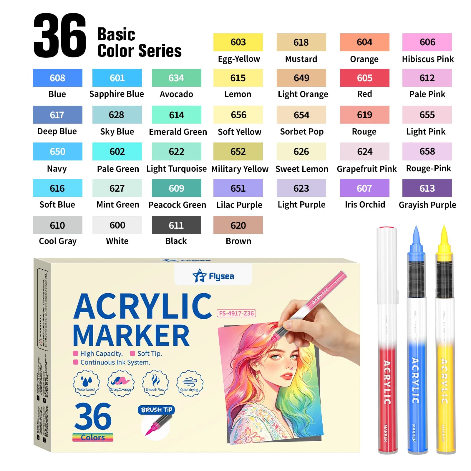 Flysea New36/24/16/14 Color Acrylic Markers, Paint Markers, Drawing and Graffiti Pens, Acrylic Paint Markers, 0.5-5mm Tip, Stackable Colors, Strong Coverage, Felt-Tip Pen Stationery Set, Student Drawing and Anime Art Supplies, Non-Smudge Hand-Drawn Art Supplies for School, DIY Creation, School Art Supplies, Back-To-School Season.