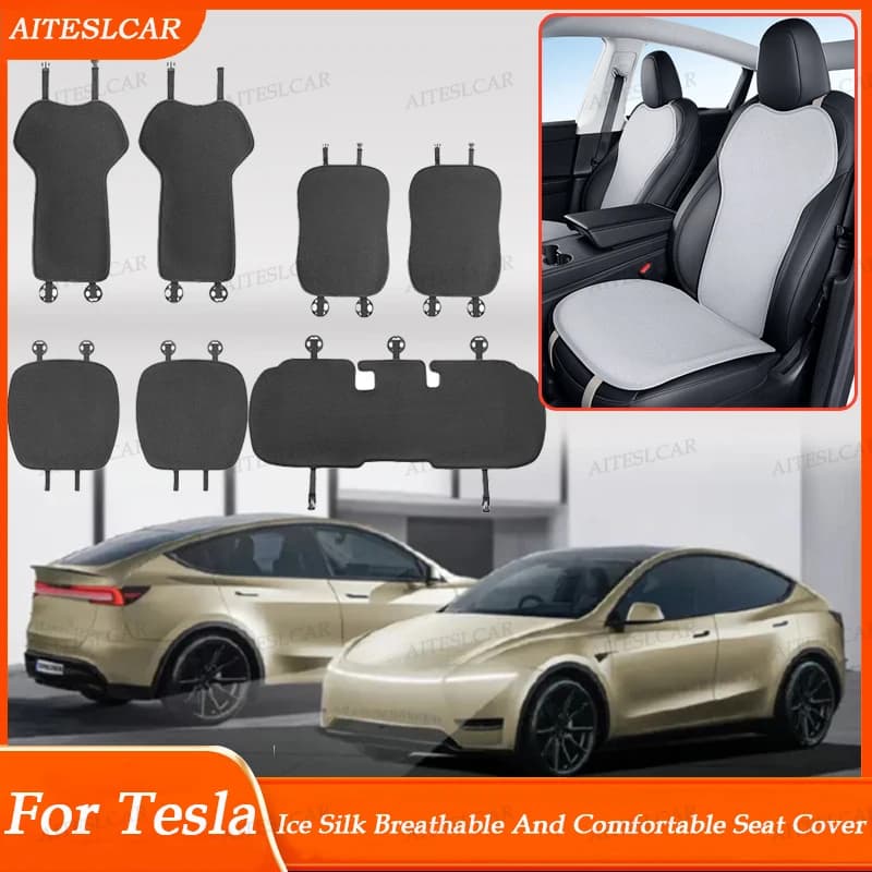 Tappetini in Seta Ghiacciata per Tesla Model Y/3 2019-2025 2026, Cuscino per Sedile Auto Traspirante per Tutte le Stagioni, Protezione per Sedile Posteriore, Accessori