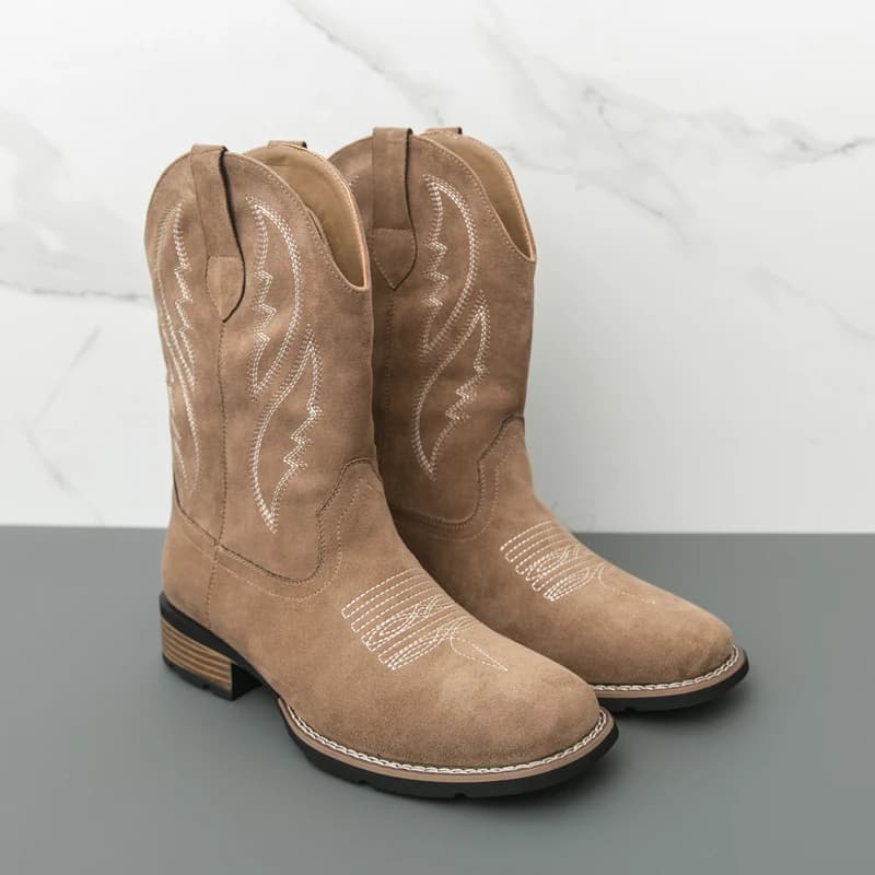 Men's Suede Western Cowboy Boots Embroidered Mid Calf Non Slip Block Heel Casual Outdoor Shoes