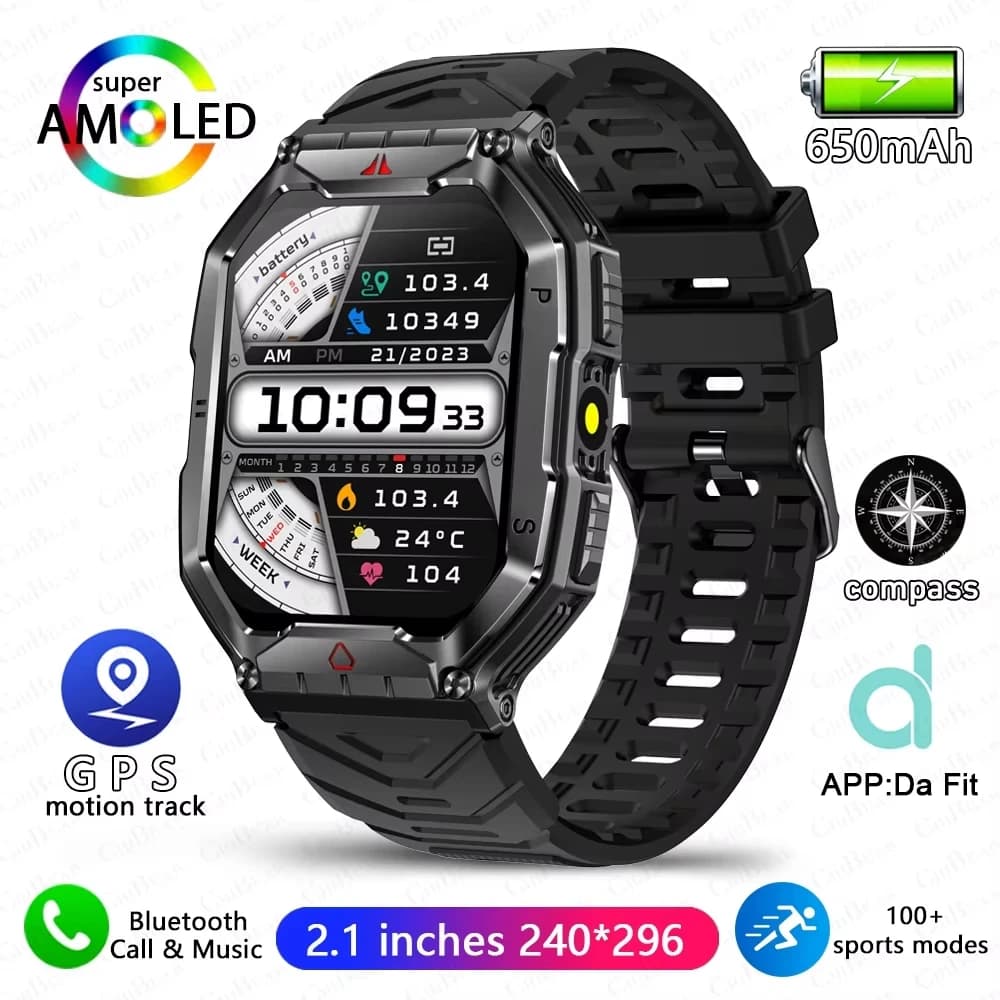 Multi Sport Watch Smart Men Outdoor Watch Compass LED Flashlight 650mAh Large Battery 2.01 "Display HD Frequency Cardiaca BT Call Smartwatch