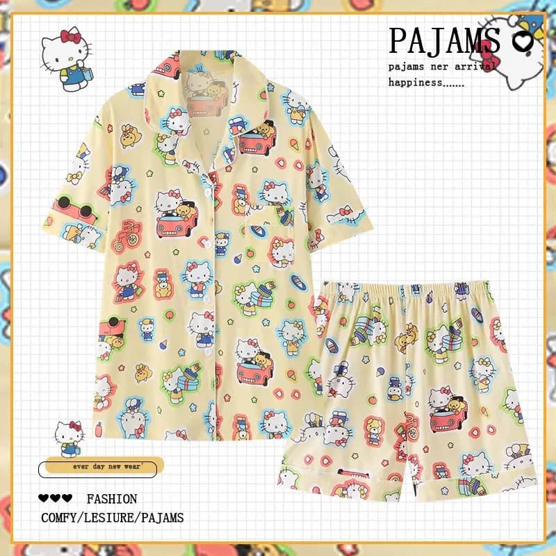 Set Two Pieces Sanrio Cartoon Kitty Melody with Top V Neck and Shorts, Summer Pijama in Pure Cotton, Homewear