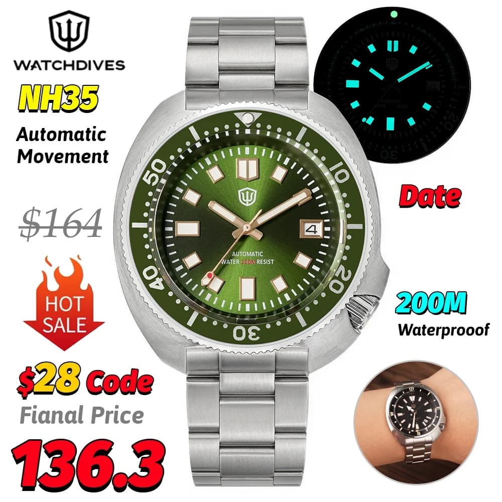 Watchdives WD6105 V2 Turtle Dive Watch Men NH35 Automatic mechanical watches Stainless steel watches with 200M waterproof sapphire