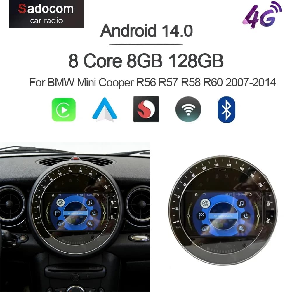 Autoradio IPS 720P CarPlay 9" Android 14.0 con DSP Stereo 4G 64G per BMW Mini Cooper R56 R57 R58 R60 2007-2014