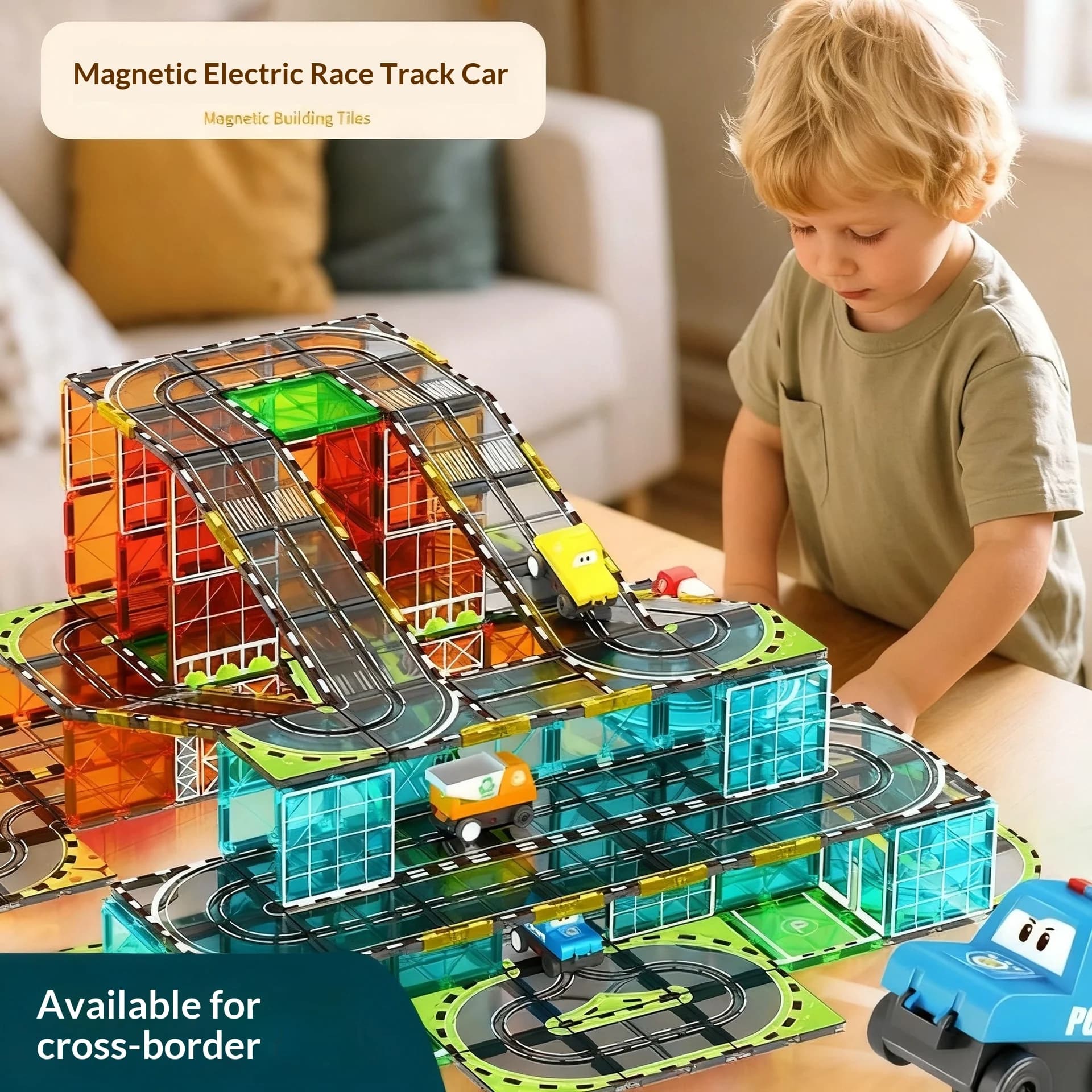 Blocchi Magnetici da Costruzione, Auto Elettrica su Pista Magnetica, Architettura Urbana, Finestre Colorate, Piastrelle Magnetiche per Bambini