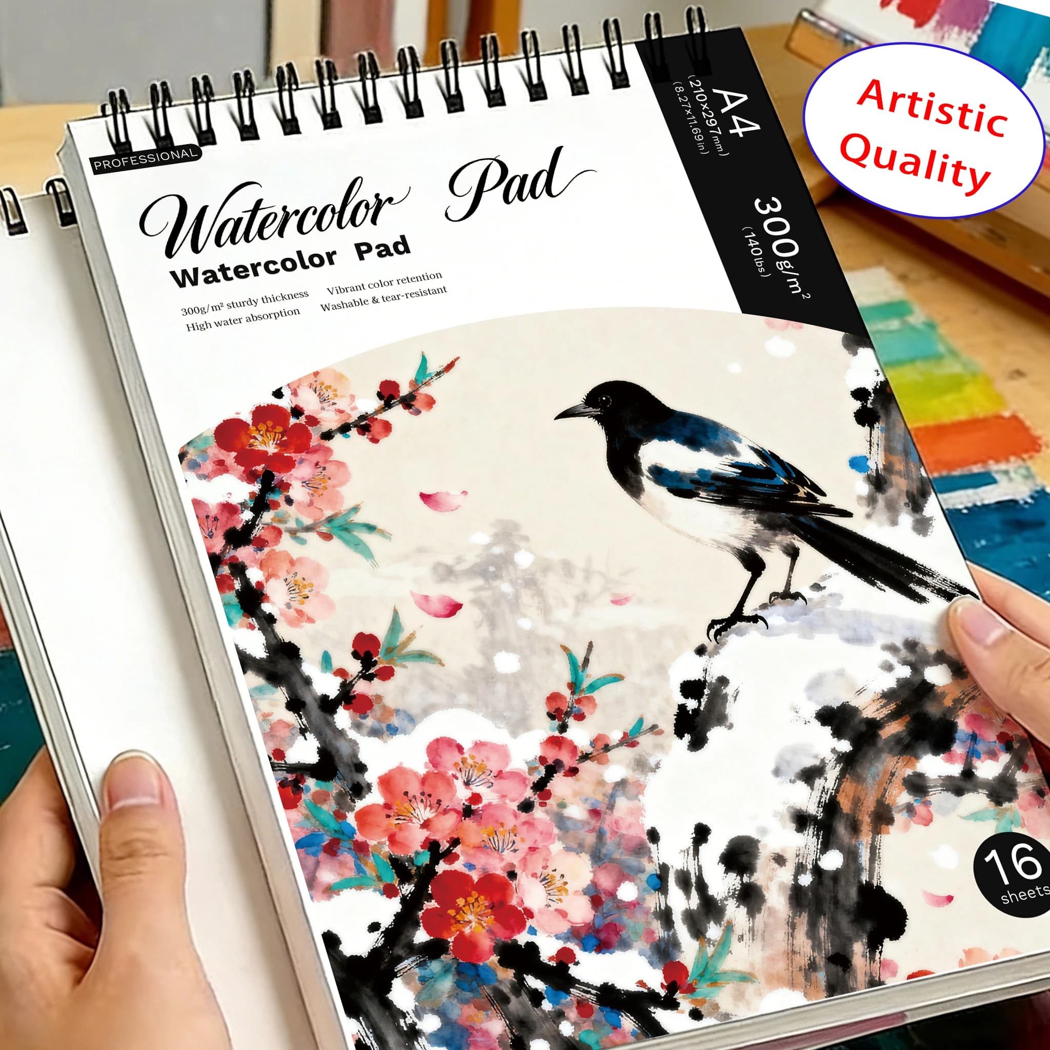 A4 Spiral Watercolor Pad300gsm, Magpie on Plum Blossom in Snow Cover, 16 Sheets Acid-Free Art Sketchbook for Back to Schoo