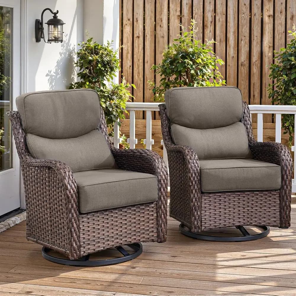 Sedie a dondolo girevoli da esterno imbottite con schienale alto da 6 pollici, set di mobili da patio in vimini con supporto ergonomico per la schiena