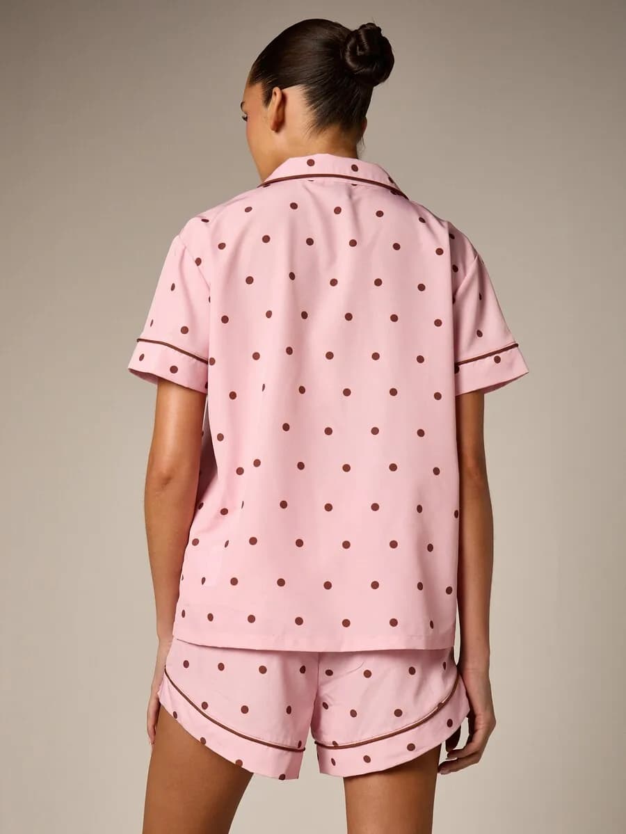 Women Polka Dot Short Sleeve Button Front Pajama Set With Contrast Piping