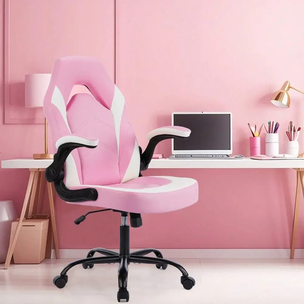 Sweetcrispy Big And Tall Office Desk Leather Gaming Computer Chair With Adjustable Swivel Task And FlipUp Arms For Adults