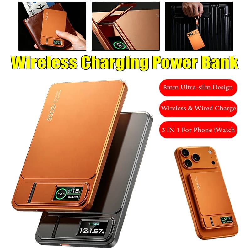 Powerbank magnetico ultrasottile 3 in 1 con schermo a colori TFT, ricarica wireless 15W, ricarica rapida PD 20W, batteria esterna.