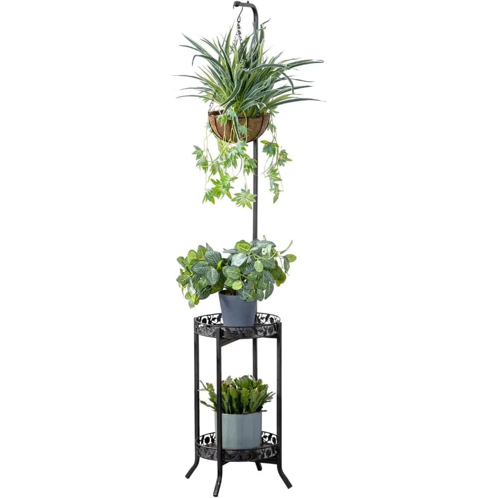 Supporto per Piante a Due Livelli, Salvaspazio, Scaffale in Metallo per Esposizione di Vasi di Fiori, per Interni ed Esterni