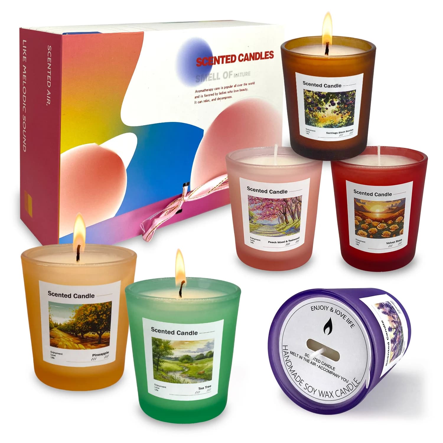 Scented Candles Gift Set of 6 Pack, Glass Jar Candles for 6 Scented, Long Lasting Soy Wax Aromatherapy Candle Set, Best Gifts