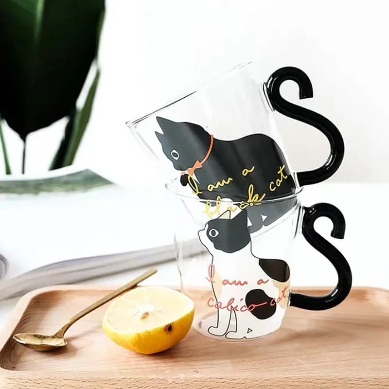 1 pz Cute Cat Glass Juice Coffee Cup Milk Tea Coffee tazza di vetro Cat Tail Handle Cat san valentino Lover Gifts cucchiaio inossidabile