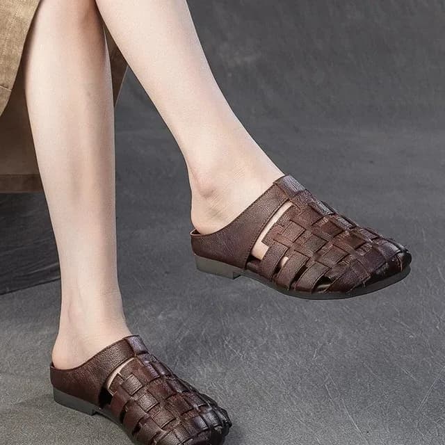 Handwoven Breathable Outerwear Leather Slippers Spain Glas Cowhide Leather Clog Shoes Comfortable Flat Bottom PVC Outsole