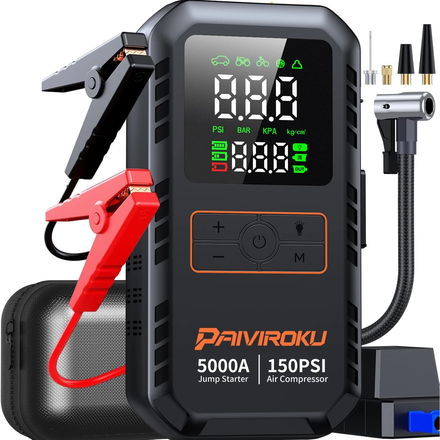 Avviatore d'Emergenza 4-IN-1 per Auto con Compressore d'Aria, Potenza di Picco 5000A, Booster per Batteria Auto, Pompa d'Aria 150PSI, Power Bank Portatile, Gonfiatore Pneumatici