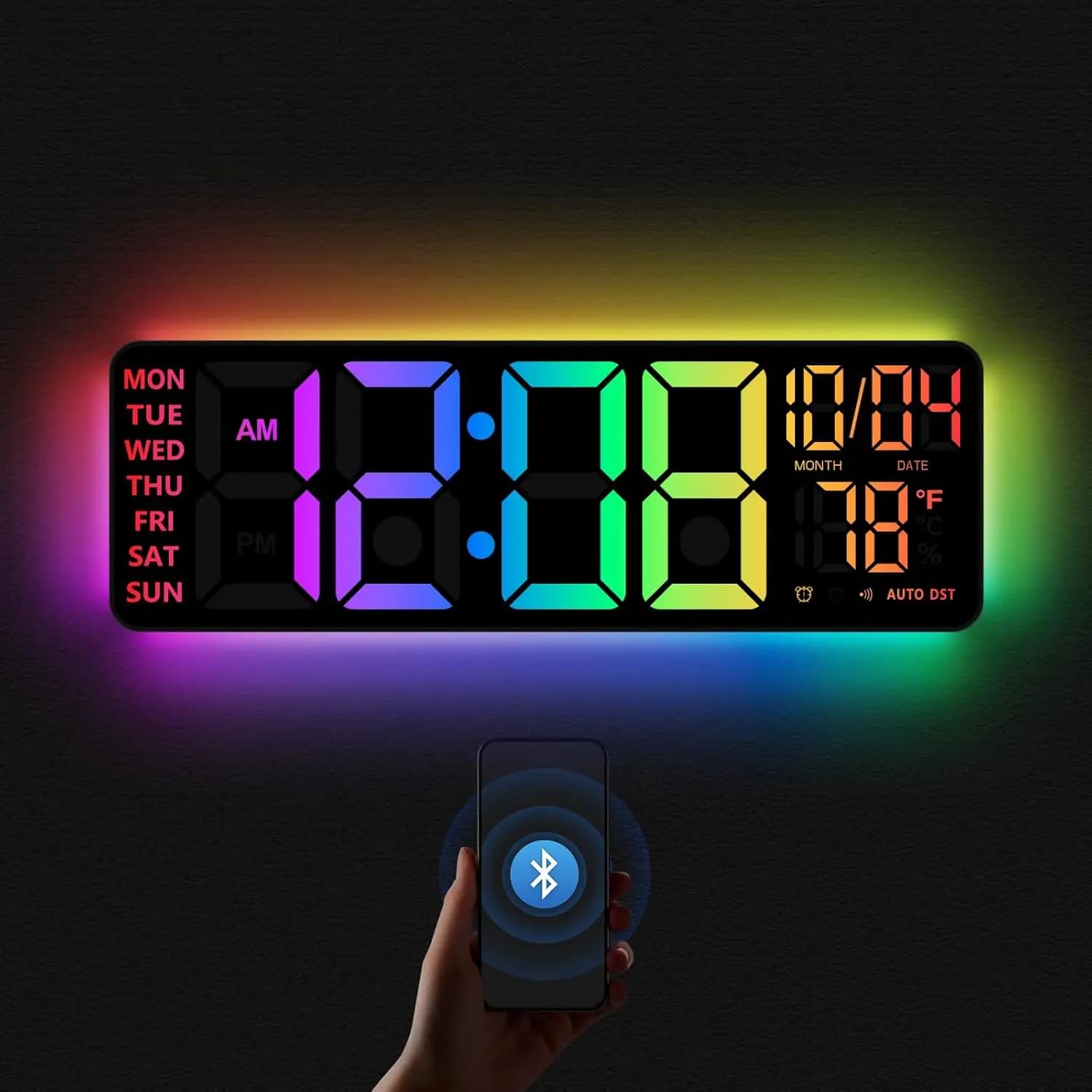 Orologio da Parete Digitale 16 Pollici con Luce Notturna, Colori RGB, Doppio Allarme, Controllo Vocale, DST Automatico, Sincronizzazione Automatica dell'Ora, Regalo per Anziani