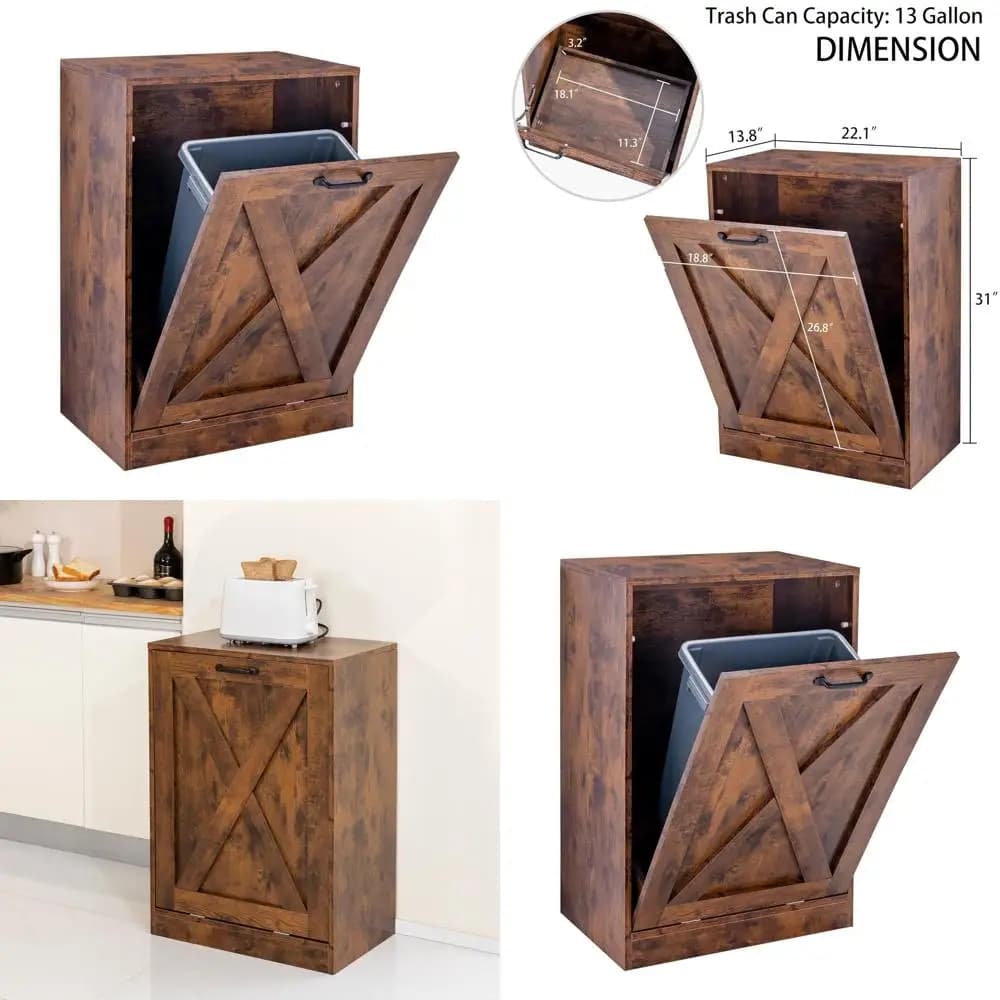 Mobiletto da cucina in legno marrone con contenitore per rifiuti e riciclaggio a scomparsa