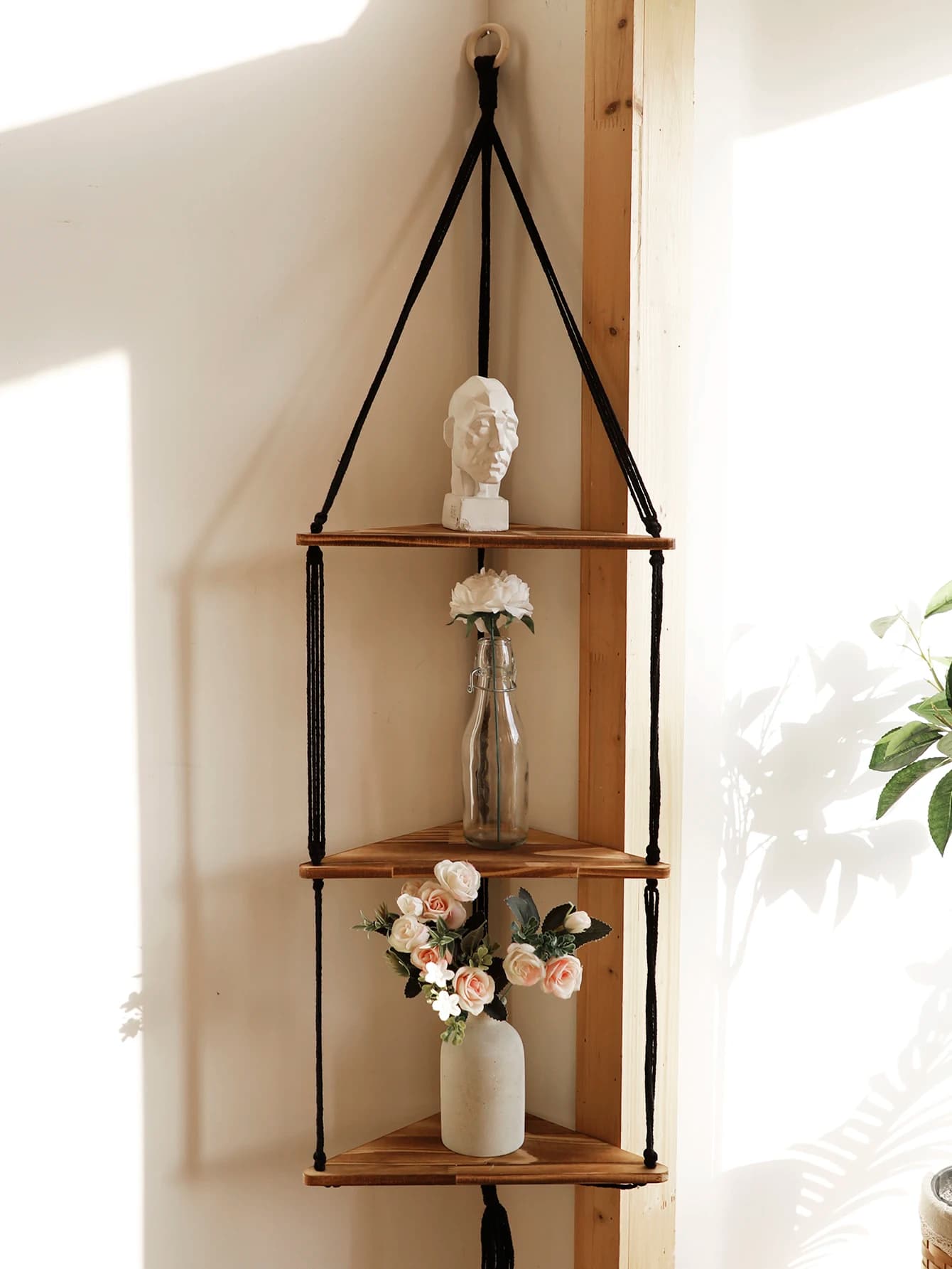 Mensola angolare in legno Decorazione da parete Espositore per vasi Macrame Scaffale galleggiante Organizzatore da parete Camera Boho Decorazione domestica nordica