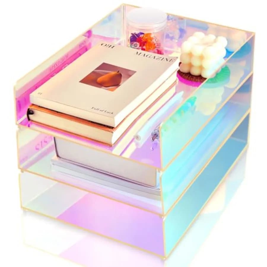 Set di 3 Organizzatori per Lettere in Acrilico Iridescente 12,6 x 9,5 x 2,8 Pollici, Vassoio Impilabile per Lettere e Documenti da Scrivania