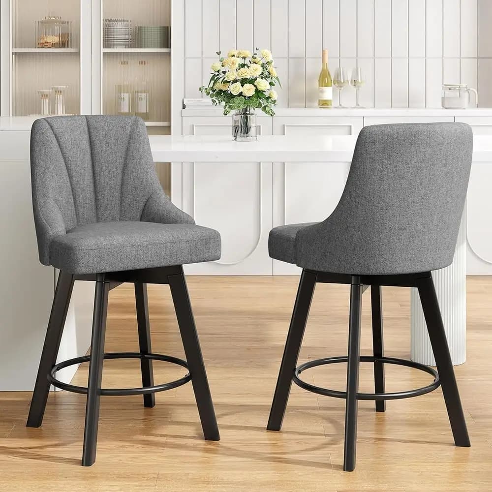 Fabric-Upholstered Swivel Bar Stools with Backs, Set of 2, 24 Counter Height, Solid Wood Legs, Suitable for Kitchen Island or Ho