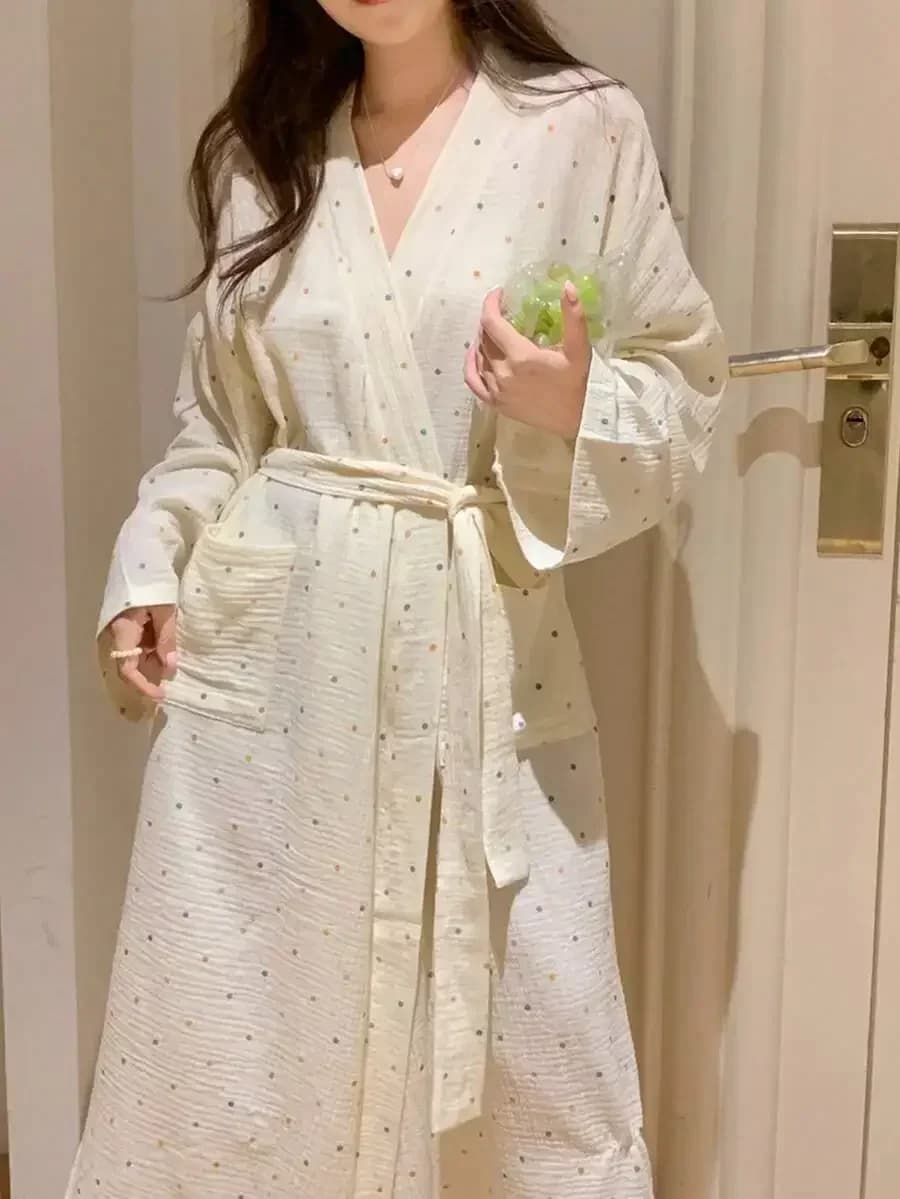 Accappatoio a maniche lunghe con pois colorati - Morbida camicia da notte e abbigliamento da casa da donna per la primavera, comodo relax a casa