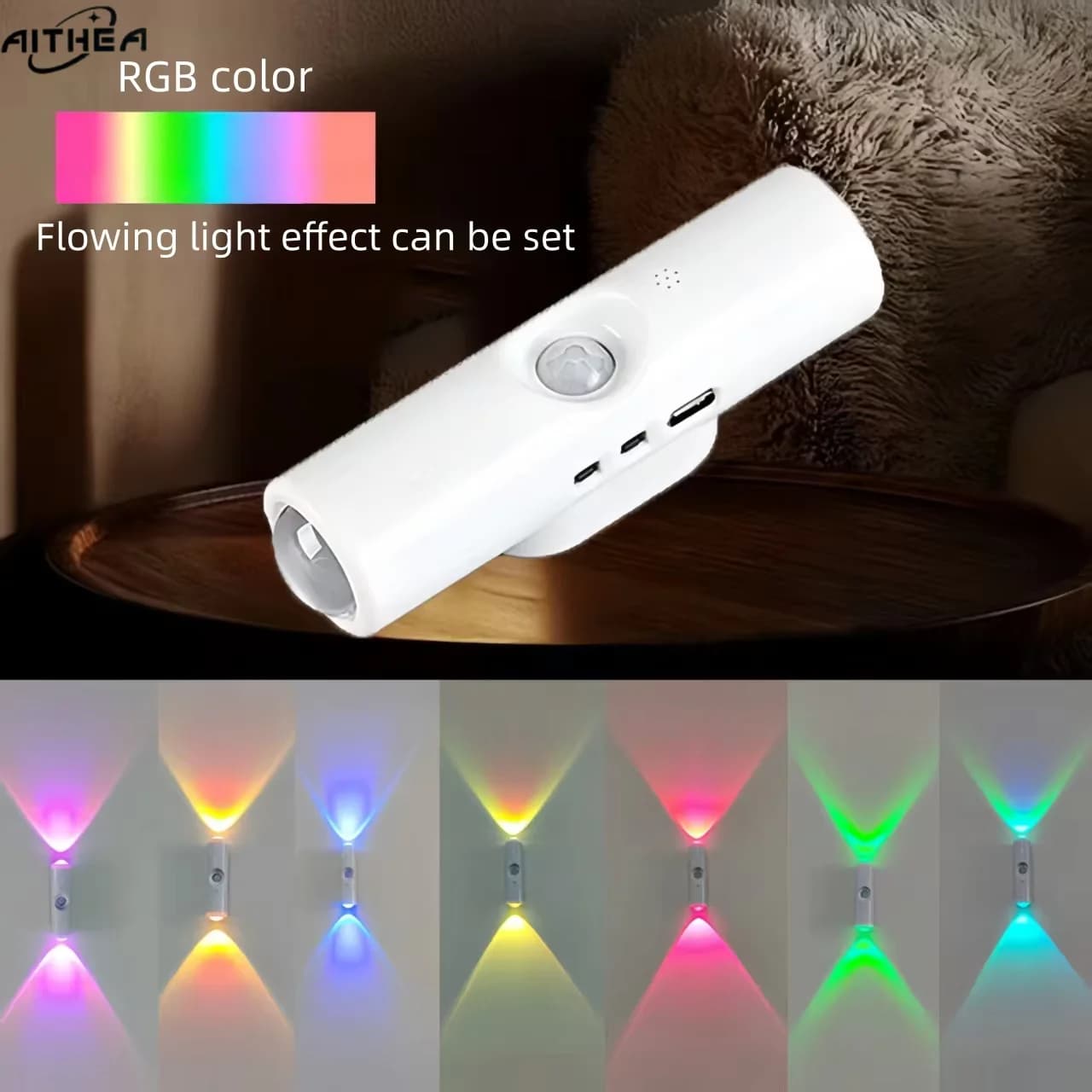 Luce LED AITHEA Ricaricabile con Sensore di Movimento a Doppia Testa, Opzioni RGB e Tricolore per Cucina, Corridoio, Camera da Letto