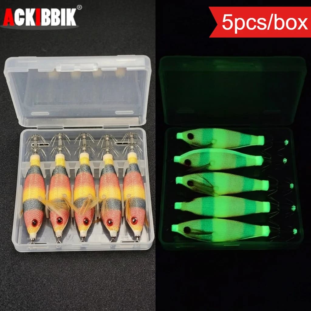 5 pcs/box Luminous Esche Orizzontali per Calamari, Wood Shrimps Lighting at the Buio, Artificial Water Fishing Esche Salata, Seppie, Polpi, Egi, Fishing Equipment Marina