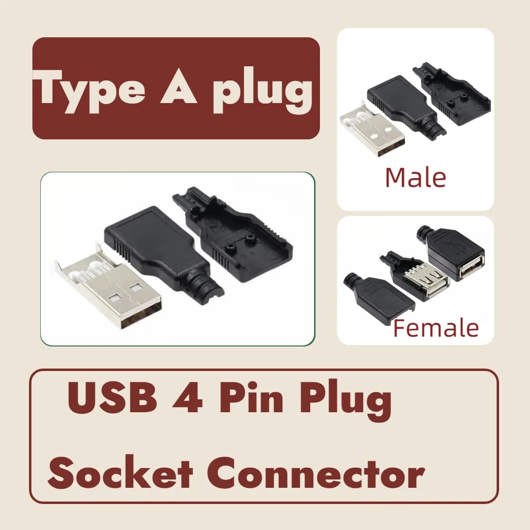 Set of 100-10 USB connectors type A male and female 4 pin with black plastic cover, DIY kit type A