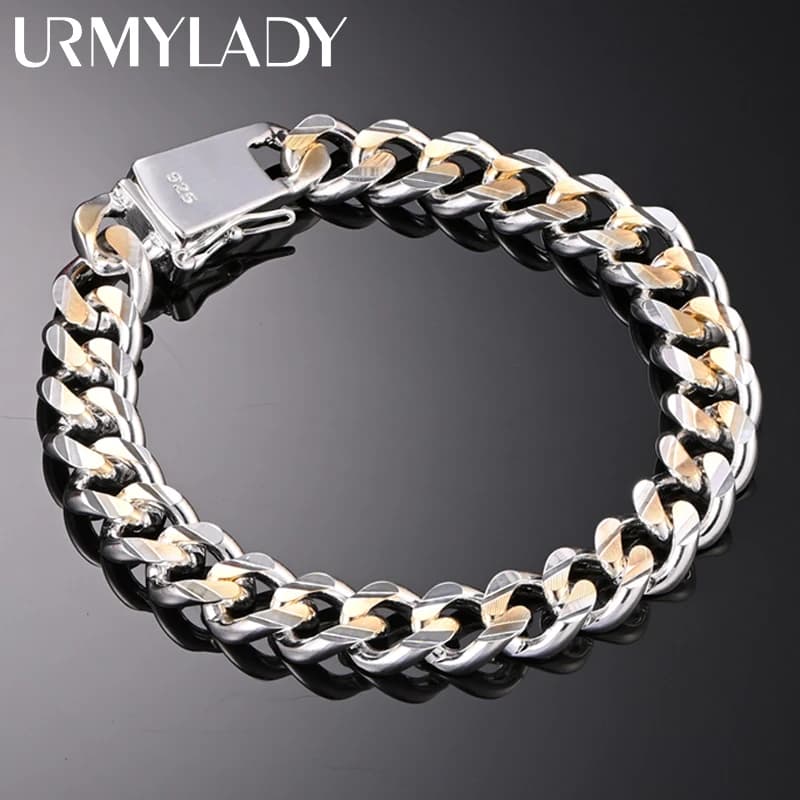 Bracciale in Argento 925 Placcato Oro, Catena Squisita da 10mm, per Uomo e Donna, Nobile Braccialetto da Matrimonio, Regalo di Compleanno alla Moda, Vari Stili