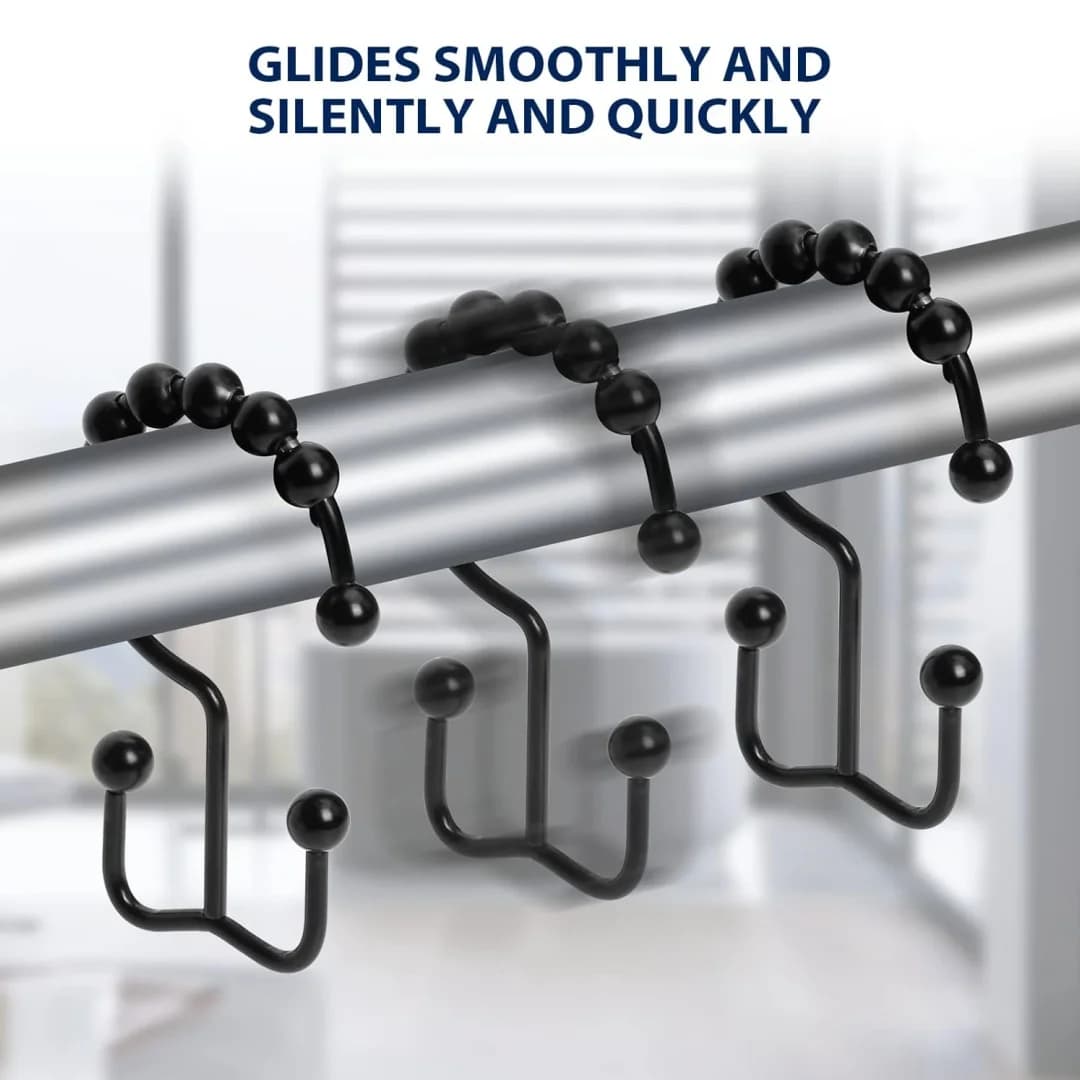 Shower curtain hook, sturdy stainless steel double-sided shower hook, bathroom ring, shower curtain rod, matte black，4-piece set