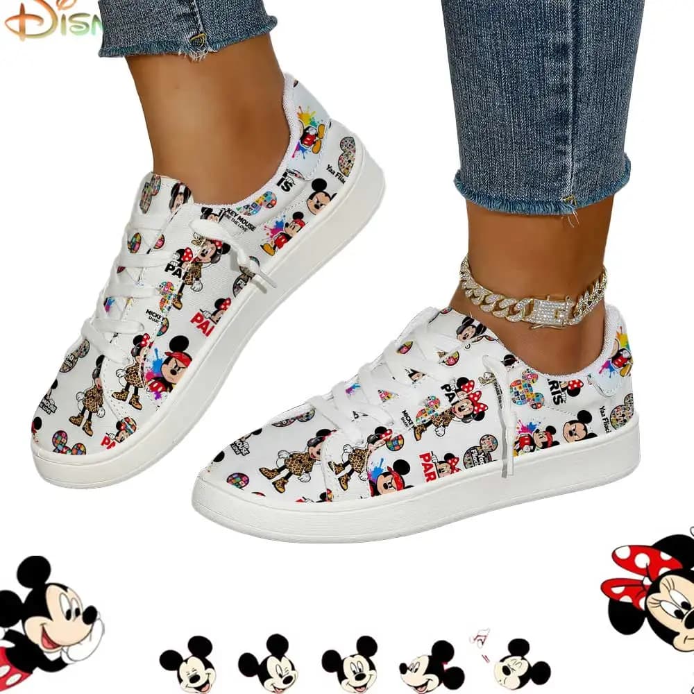 Sneakers casual Disney Mickey & Minnie con stampa leopardata, scarpe basse bianche da donna in stile street style con cartoni animati