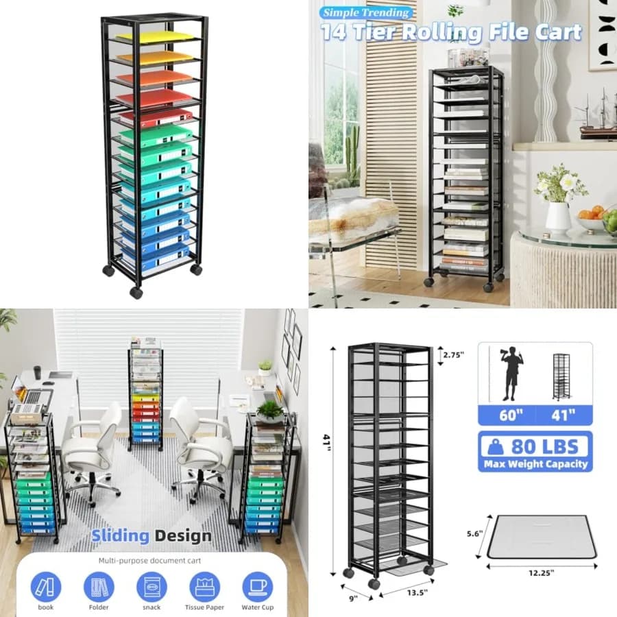 Carrello Portadocumenti con Ruote, Organizzatore da Scrivania, Contenitore per Documenti e Lettere con Ruote per Ufficio, Casa, Scuola, Nero