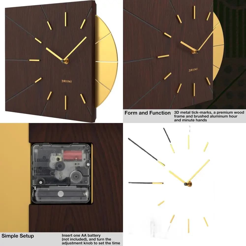 Mid-Century Style Modern Wall Clock - Wood Square Clock with Decorative Golden Accents - Unique and Original Clock, Battery Function