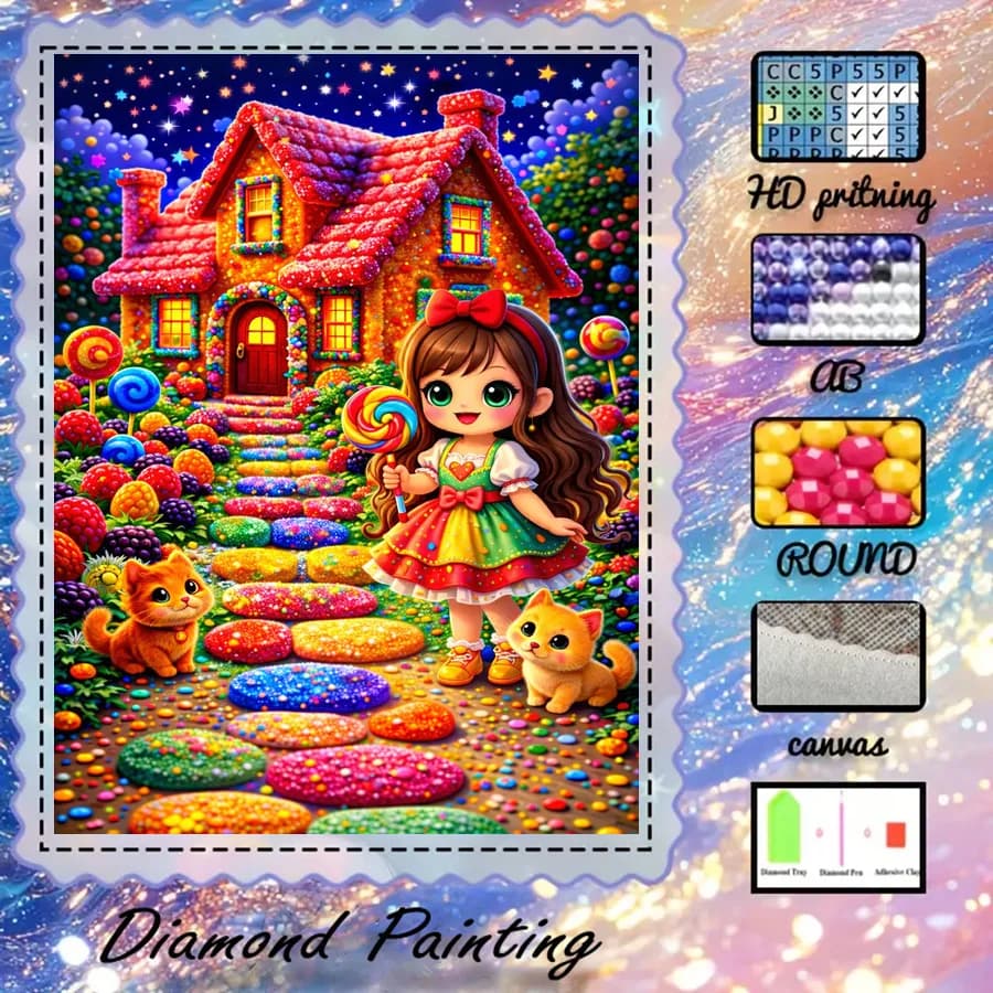 Set per Pittura Diamante 5D Fai da Te - Casa delle Caramelle - Mosaico Artistico con Diamanti - Tessuto Floccato Speciale