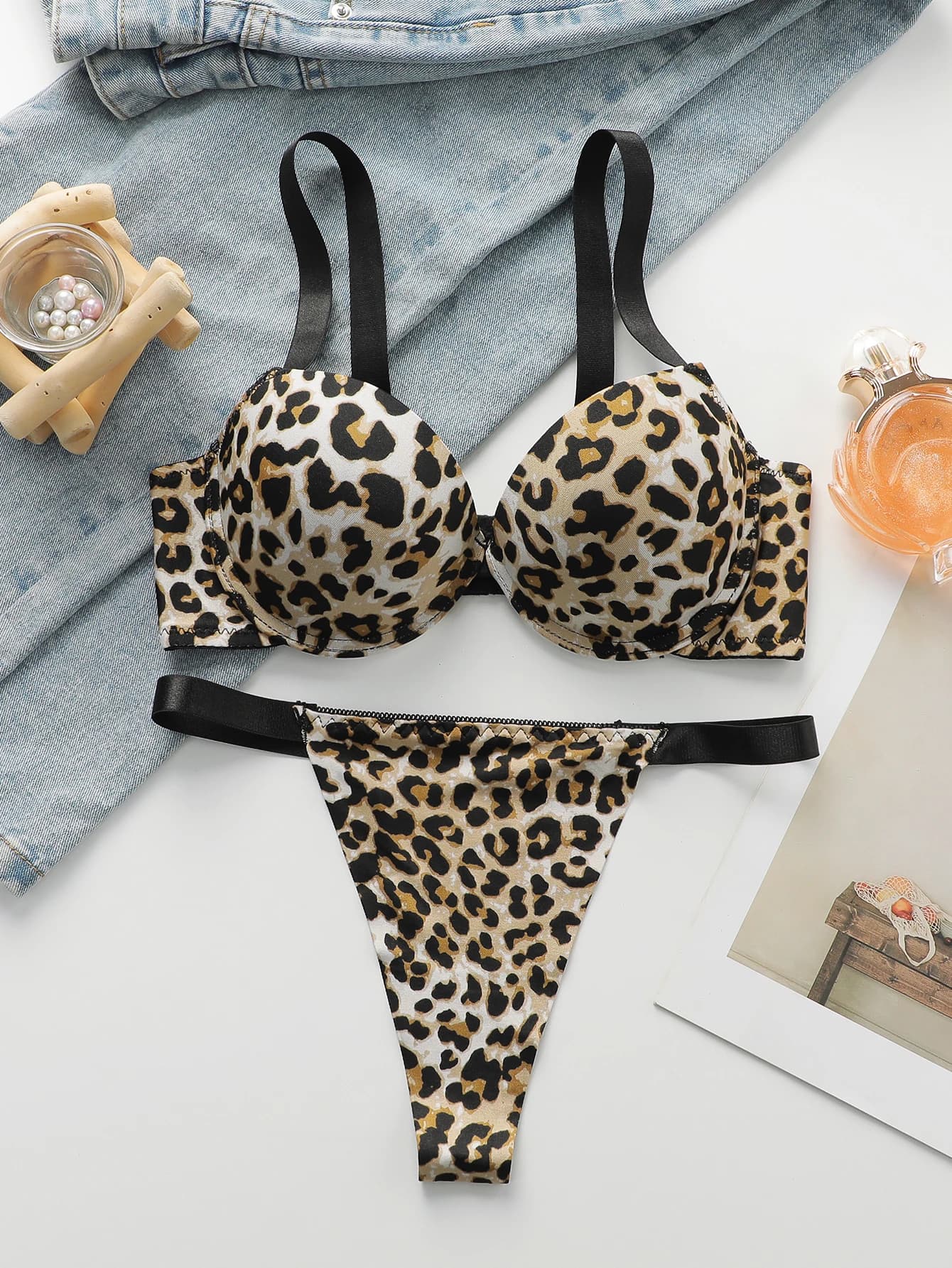 Set da 2 pezzi sexy con stampa leopardata con sollevamento arricciato e set di reggiseno di supporto in acciaio ispessito per biancheria intima da donna B2051