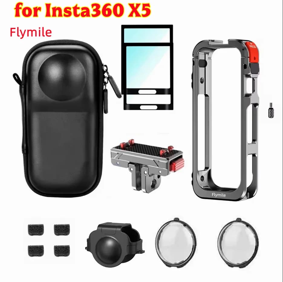 Custodia Protettiva in Metallo Flymile per Insta360 X5, Borsa in PU, Cornice Protettiva, Pellicola Protettiva per Lenti in PC con Copriobiettivo in Silicone