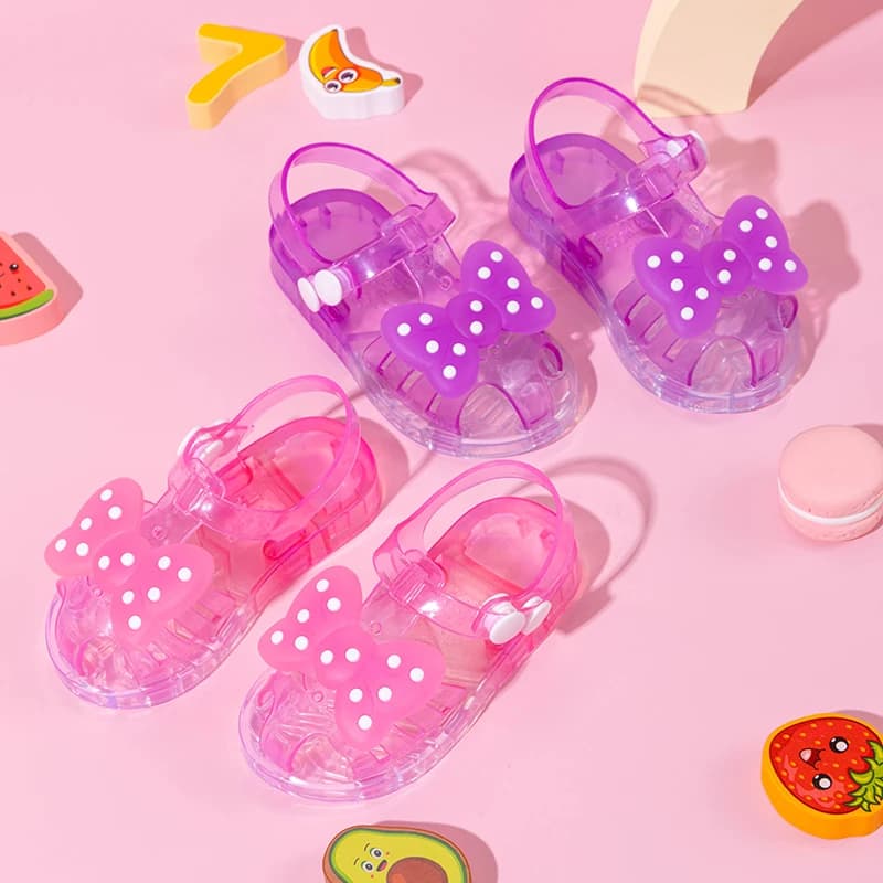 Sandali in gelatina trasparenti con fiocco a pois per bambine, scarpe da principessa con punta chiusa, antiscivolo, estive, casual, da spiaggia