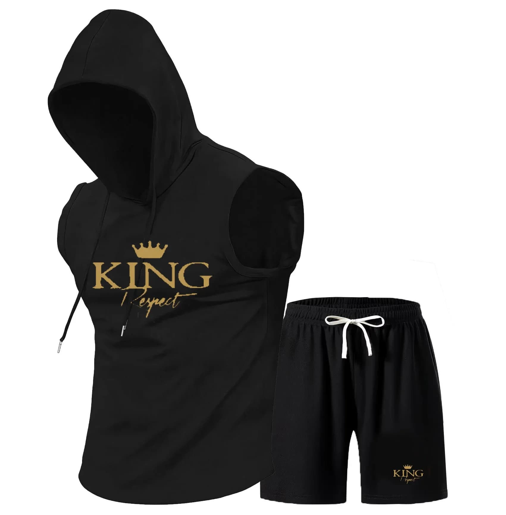 2026 American retro sleeveless hooded sports suit men's casual printed vest shorts trendy two-piece set