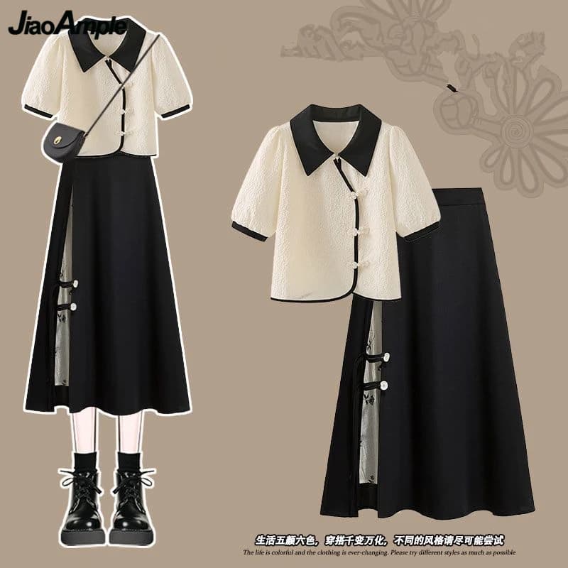 2025 Estate stile cinese donna graziosa camicia gonne 1 o due pezzi set signora camicetta a maniche corte gonna nera abiti nuovi top