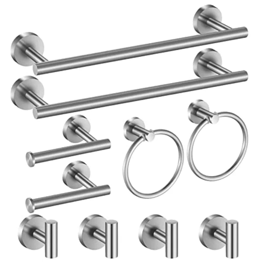 Set di accessori per il bagno da 10 pezzi, set di portasciugamani in acciaio inossidabile, include portasciugamani da 16 pollici, gancio per asciugamani, anello per asciugamani, porta carta igienica