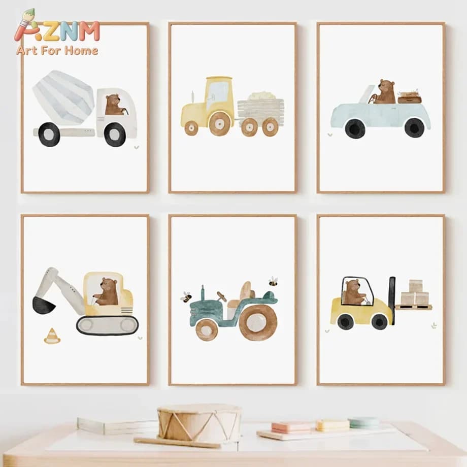 AZNM Soft Watercolor Bear Vehicle Canvas Print Excavator Tractor Mixer Truck Cute Neutral Boys Nursery Bedroom Wall Poster Unfra