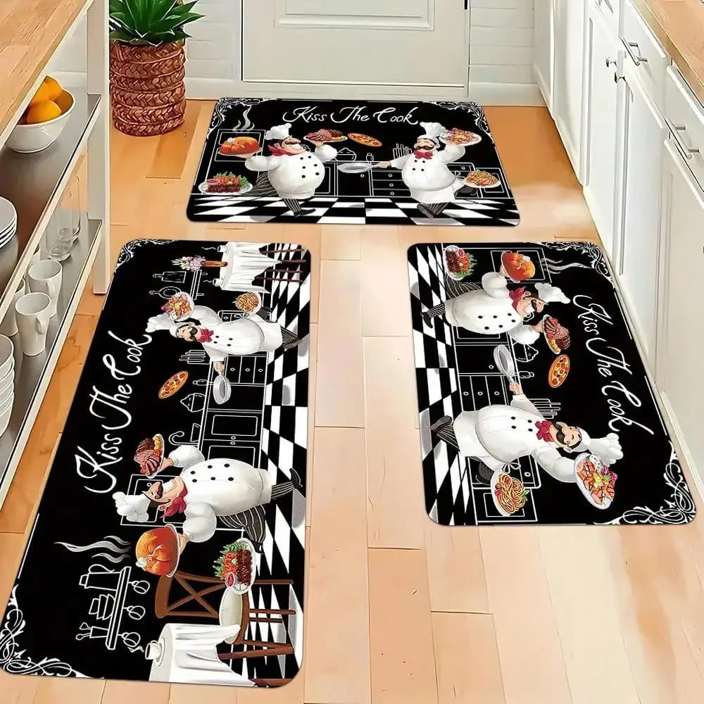 1 pz. Tappeto da Cucina Divertente Bon Appetit Chef, Tappetino Antiscivolo a Tema Pizza e Pasta per Ingresso, Nero Bianco a Quadretti, Varie Misure