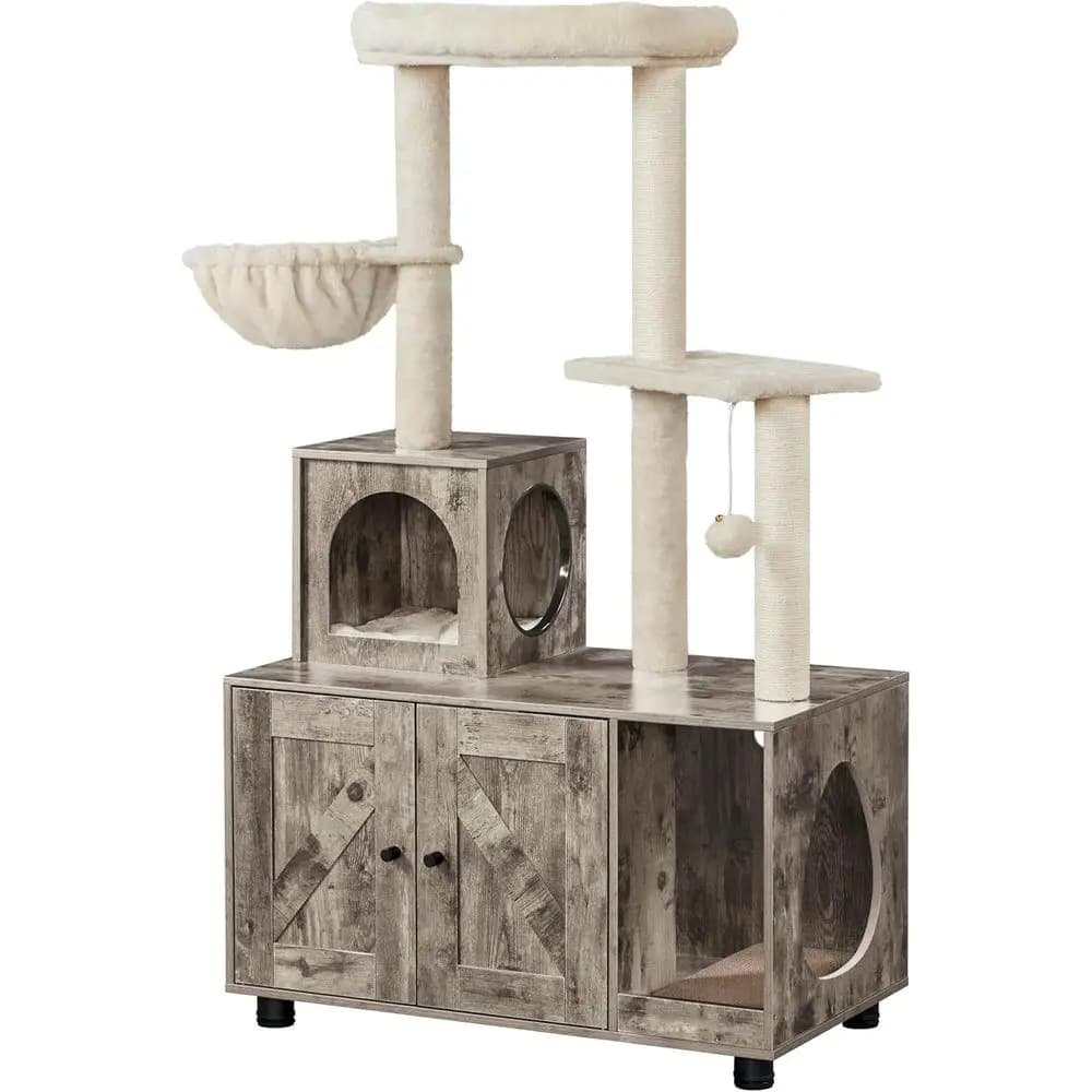 Casetta per Gatti da Interno Tutto-in-Uno con Recinto per Lettiera, Albero e Tiragraffi, Beige