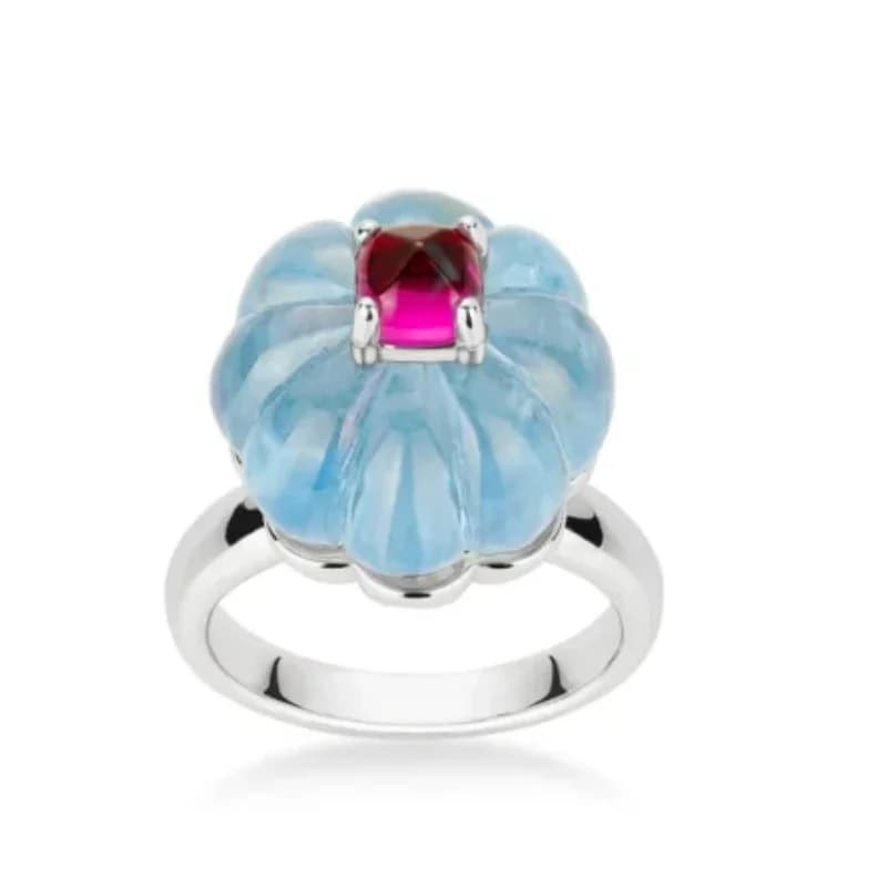 BULLEX Ring for girls with luxurious pumpkin shape design with synthetic zircons silver 925 gold plated with blue ruby and caramel crown