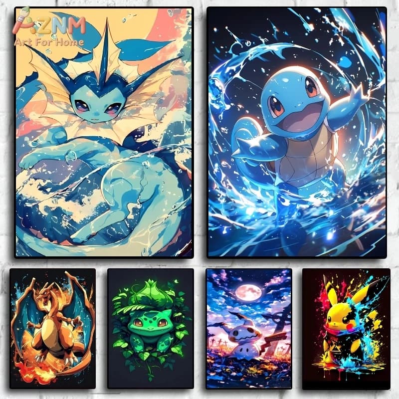 AZNM Pokemon Vaporeon Squirtle Charizard Bulbasaur Stampa artistica su tela, poster anime per decorazioni per la camera dei bambini, senza cornice